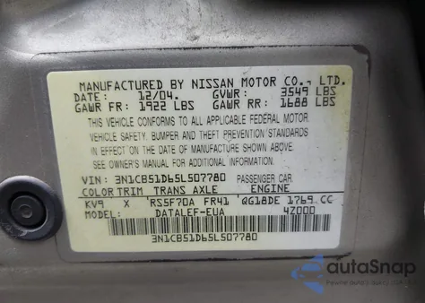 2005 Nissan Sentra 1.8S z USA, uszkodzony, nr VIN 3N1CB51D65L507780